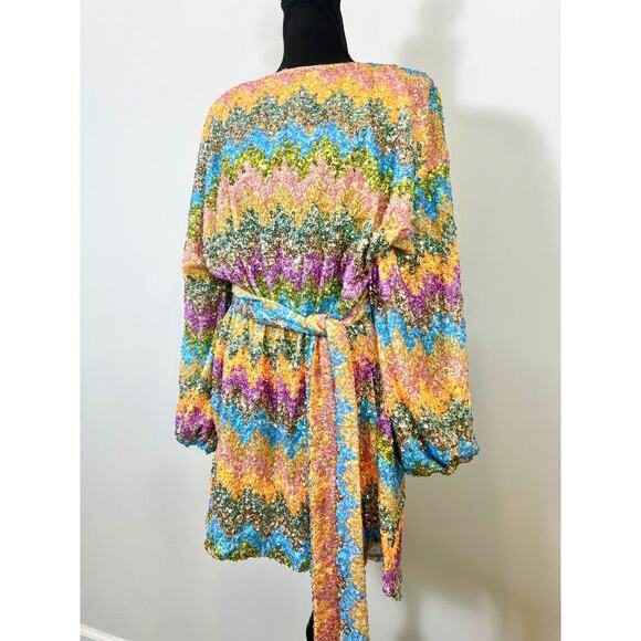 Show Me Your Mumu Sure Thing Mini Dress Wavy Sequins Sz XL Long Sleeve Colorful - Picture 4 of 6